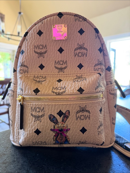 MCM Handbags - MCM Pink Logo Mini Backpack with Black Print